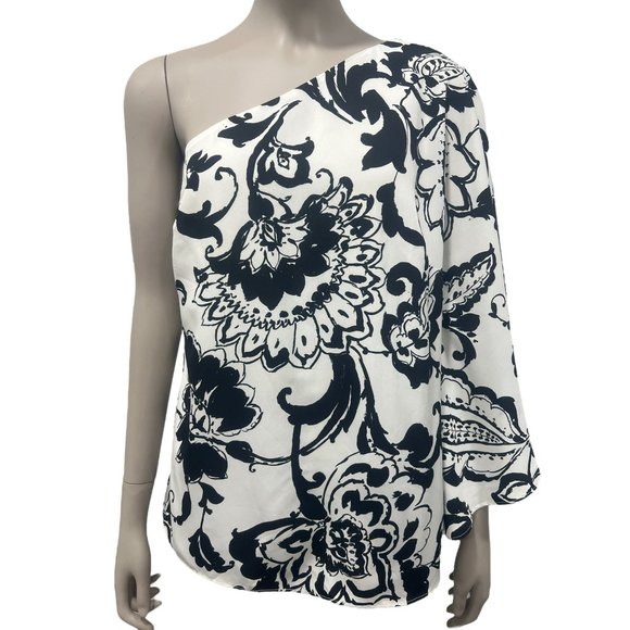 Ralph Lauren Size 2 4 Paisley Print One Shoulder Blouse Top Ivory Black … - Picture 1 of 9